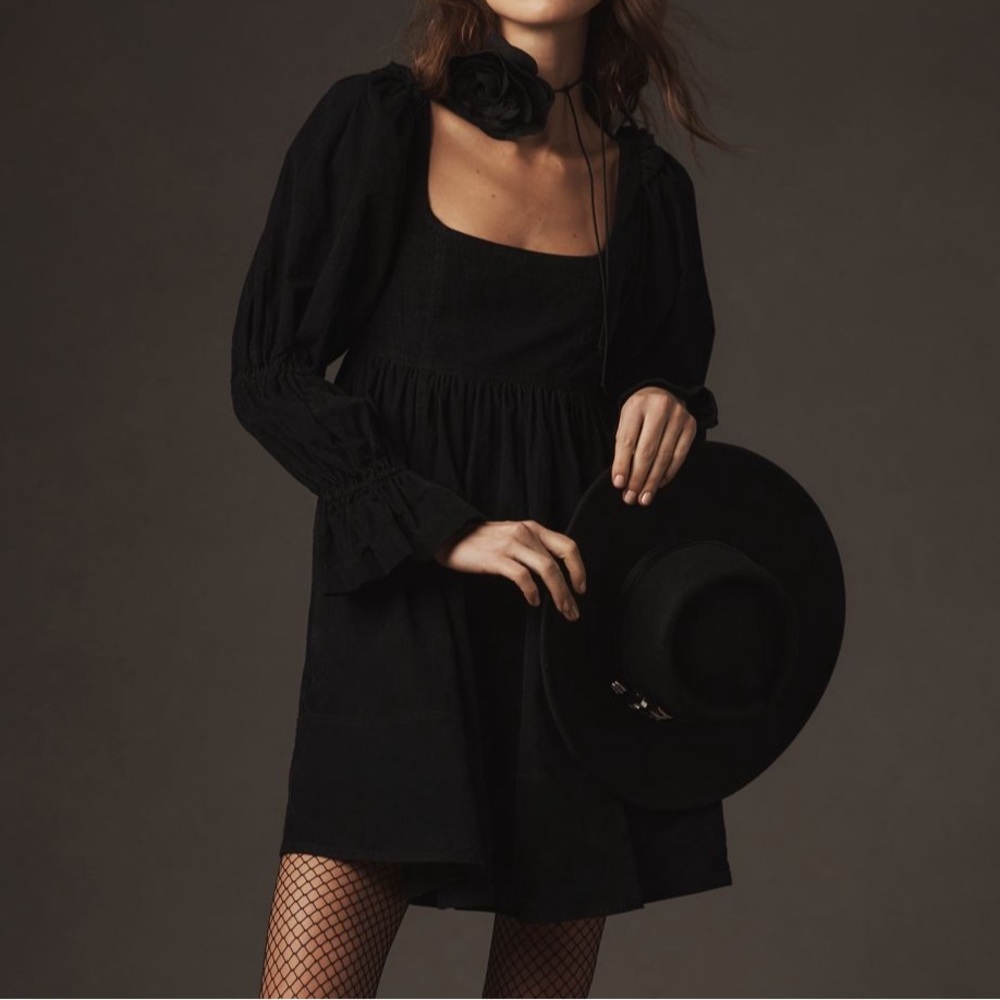 Square Neck Black Corduroy Mini Dress - image 1